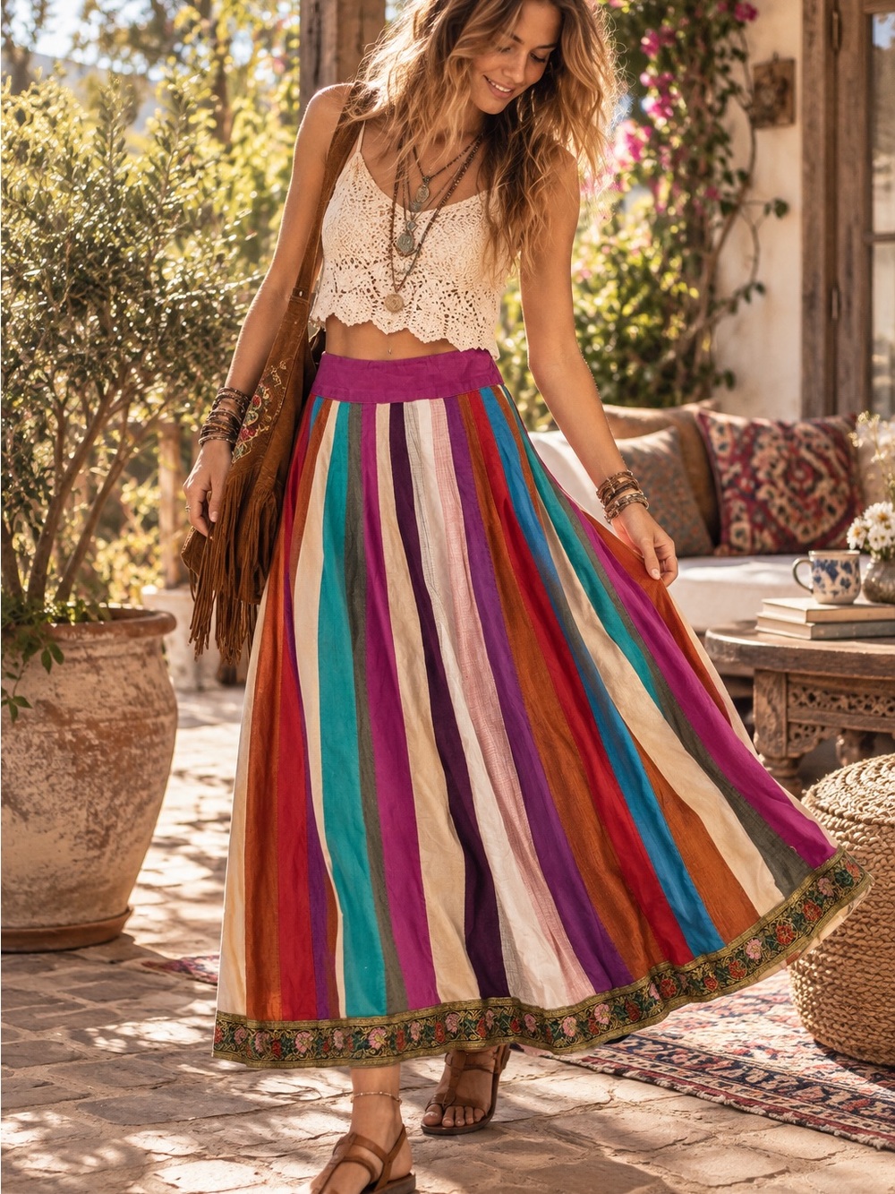 Boho Rainbow Stripe Maxi Skirt S Hippie Festival Gypsy Embroidered Folk Yoga